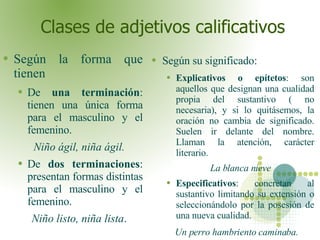 Clases de adjetivos calificativos <ul><li>Según la forma que tienen </li></ul><ul><ul><li>De  una terminación : tienen una...
