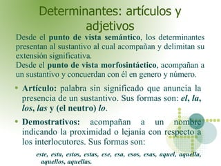 Determinantes: artículos y adjetivos <ul><li>Artículo:  palabra sin significado que anuncia la presencia de un sustantivo....