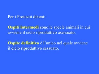 Per i Protozoi dixeni:
Ospiti intermedi sono le specie animali in cui
avviene il ciclo riproduttivo asessuato.
Ospite definitivo è l’unico nel quale avviene
il ciclo riproduttivo sessuato.
 