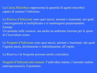 La Carica Microbica rappresenta la quantità di agenti microbici
capaci di causare l’infezione.
Le Riserve d’Infezione sono quei mezzi, animati o inanimati, nei quali
i microrganismi si moltiplicano e si mantengono perpetuandosi.
Esempi:
Un animale nelle zoonosi, ma anche un ambiente (terreno per le spore
di Clostridium tetani.
Le Sorgenti d’Infezione sono quei mezzi, animati o inanimati, dai quali
l’agente passa, direttamente o indirettamente, all’ospite.
La Riserva e la Sorgente possono anche coincidere.
Sorgenti d’Infezioni più comuni: l’individuo malato, l’animale malato
(antropozoonosi), il portatore.
 