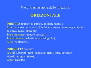 Vie di trasmissione delle infezioni:
DIRETTA (person to person, animale-uomo):
Aria (dal cavo orale verso l’ambiente esterno tramite goccioline
di saliva, tosse, starnuti);
Trans-mucosa (rapporti sessuali);
Transcutanea (malattie dermatologiche);
Altro (pediculosi).
INDIRETTA tramite:
veicoli substrati inerti (acqua, alimenti, latte, bevande,
utensili, sangue, siero);
vettori (insetti).
ORIZZONTALE
 