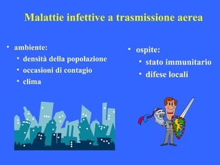 Malattie infettive a trasmissione aerea
• ambiente:
• densità della popolazione
• occasioni di contagio
• clima
• ospite:
• stato immunitario
• difese locali
 