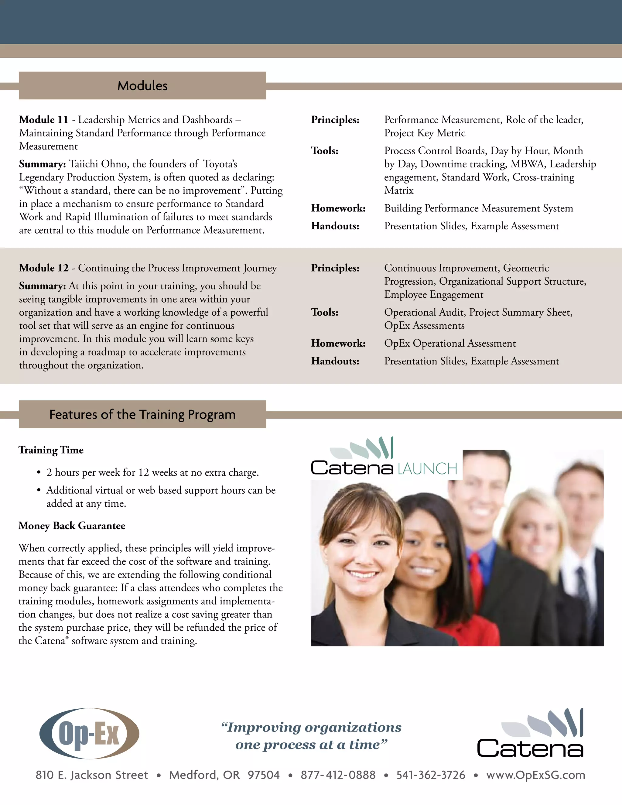 Modules

Module 11 - Leadership Metrics and Dashboards –                 Principles:   Performance Measurement, Role of the leader,
Maintaining Standard Performance through Performance                          Project Key Metric
Measurement                                                     Tools:        Process Control Boards, Day by Hour, Month
Summary: Taiichi Ohno, the founders of Toyota’s                               by Day, Downtime tracking, MBWA, Leadership
Legendary Production System, is often quoted as declaring:                    engagement, Standard Work, Cross-training
“Without a standard, there can be no improvement”. Putting                    Matrix
in place a mechanism to ensure performance to Standard          Homework:     Building Performance Measurement System
Work and Rapid Illumination of failures to meet standards
are central to this module on Performance Measurement.          Handouts:     Presentation Slides, Example Assessment


Module 12 - Continuing the Process Improvement Journey          Principles:   Continuous Improvement, Geometric
Summary: At this point in your training, you should be                        Progression, Organizational Support Structure,
seeing tangible improvements in one area within your                          Employee Engagement
organization and have a working knowledge of a powerful         Tools:        Operational Audit, Project Summary Sheet,
tool set that will serve as an engine for continuous                          OpEx Assessments
improvement. In this module you will learn some keys            Homework:     OpEx Operational Assessment
in developing a roadmap to accelerate improvements
throughout the organization.                                    Handouts:     Presentation Slides, Example Assessment



       Features of the Training Program

Training Time

	   •			 	hours	per	week	for	12	weeks	at	no	extra	charge.
       2
	   •			 dditional	virtual	or	web	based	support	hours	can	be	
       A
       added at any time.

Money Back Guarantee

When correctly applied, these principles will yield improve-
ments that far exceed the cost of the software and training.
Because of this, we are extending the following conditional
money back guarantee: If a class attendees who completes the
training modules, homework assignments and implementa-
tion changes, but does not realize a cost saving greater than
the system purchase price, they will be refunded the price of
the Catena® software system and training.




                                               “Improving organizations
                                                 one process at a time”

    810 E. Jackson Street • Medford, OR 97504 • 877- 412- 0888 • 541- 362-3726 • www.OpExSG.com
 