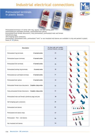 114 Mecatraction - SBI connectors
Preinsulated terminals
in plastic boxes
Industrial electrical connections
Preinsulated terminals in N series with ring, square, fork and locking palm
preinsulated pin and blade terminals, preinsulated butt splices,
preinsulated brass female disconnects, fully preinsulated, preinsulated male and female
cylindrincal plugs,
self-stripping quick connectors,
preinsulated, preinsulated chain, preinsulated “twin” or non insulated end sleeves are available in strip and packed in plastic
boxes of 100 pieces.
For item code, part number,
technical features, see page:
24
Description
Preinsulated ring terminals N normal series
Preinsulated square terminals N normal series
Preinsulated fork terminals N normal series
Preinsulated locking ring terminals N normal series
Preinsulated pin and blade terminals N normal series
Preinsulated female brass disconnects S double crimp series
Preinsulated butt splices N normal series
Fully preinsulated female disconnects S double crimp series
Preinsulated male and female cylindrical plugs and pins
Self-stripping quick connectors
Preinsulated end sleeves
Preinsulated end sleeve strips
Preinsulated « Twin » end sleeves
Non insulated end sleeves
28
26
30
31
32
39
33
38
39
55
57
56
54
catalogue MTR complet 9/09/08 12:07 Page 114
 