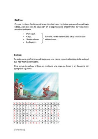 Doctrina:

En este punto es fundamental tener claro las ideas centrales que nos ofrece el texto
bíblico, para que con la actuación en el espíritu santo encontremos la verdad que
nos ofrece el texto.

                   Perseguir.
                   Cayo.                 Levante, entra en la ciudad y hay te dirán que
                   Se detuvieron.        debes hacer...
                   Lo llevaron.




Grafico:

En este punto graficaremos el texto para una mejor contextualización de la realidad
que nos trasmita la Palabra.

Otra forma de graficar el texto es mediante una sopa de letras o un diagrama por
ejemplo la siguiente.




e   s    c   u     c   h   a   l z   o   p   i   k   b   q
f   a    r   u     t   c   x   a w   e   t   j   g   m   c
w   s    v   x     y   i   o   v d   n   v   z   t   u   i
s   p    j   h     t   u   y   o m   j   v   d   u   k   l
o   a    q   w     g   z   f   z b   v   f   y   s   l   e
s   q    j   k     w   a   h   n v   p   ñ   j   k   o   d
a   i    i   o     e   l   g   u i   a   r   a   p   l   w
p   r    h   v     u   x   r     v   r   y   b   p   h   r
r   b    y   x     r   o   ñ   e s   h   v   u   r   x   v


[Escribir texto]
 