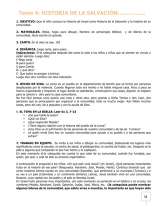   	
  	
  11	
  
Tema 4: HISTORIA DE LA SALVACIÓN…………....
1. OBJETIVO: Que el niño conozca la Historia de Israel como Historia de la Salvación y la historia de su
comunidad.
2. MATERIALES. Biblia, hojas para dibujar, Nombre de personajes bíblicos y de líderes de la
comunidad, título escrito en grande.
3. CANTO. En el cielo se oye. 102
4. DINÁMICA. Llego carta, para quien…
Indicaciones. El-la catequista después del canto le pide a los niños y niñas que se sienten en círculo y
estén atentos. Luego dice:
C-llego carta
N-para quién?
C-para Camilo
N- y qué dice?
C- Que todos se pongan a brincar.
Luego dice otro nombre con otra indicación.
5. HECHO DE VIDA. La Loma es un pueblo en el departamento de Nariño que se formó por personas
desplazadas por la violencia. Cuando llegaron todo era monto y no había ninguna casa. Poco a poco se
fueron organizando y limpiaron el lugar donde se asentarían, construyeron sus casas, dejaron un espacio
para la cancha y otro para la casa comunitaria.
No fue fácil porque unos quería una cosa y otros otra, pero gracias a Doña Teresa y don Juan, dos
personas que se preocuparon por organizar a la comunidad, todo va mucho mejor. Aún faltan muchas
cosas, pero ahí van, de a poquitos y con la ayuda de Dios.
6. EL TEMA EN LA BIBLIA: Leer Ex 3, 7-13
• ¿De qué habla la texto?
• ¿Qué vio Dios?
• ¿Qué respondió Moisés?
• ¿Tiene alguna relación con la historia del pueblo de la Loma?
• ¿Hoy Dios ve el sufrimiento de las personas de nuestra comunidad y de las de Tumaco?
• ¿A quién envía Dios hoy en nuestra comunidad para ayudar a su pueblo y a las personas que
sufren?
7. TRABAJO EN EQUIPO. Se invita a los niños a dibujar su comunidad, destacando los lugares más
significativos como la escuela, el centro de salud, el polideportivo, la cancha de futbol, etc. Después se le
pide a algunos que compartan lo que han hecho y lo expliquen.
En este momento el-la catequista les cuenta lo que sabe de su comunidad, cuándo fue fundada, por
quién, por qué, y cuál ha sido su proceso organizativo.
A continuación le pregunta a los niños: ¿En qué país vivía Jesús? (en Israel), ¿Qué personas importantes
hubo en la historia de ese país? (Respuesta: Abraham, José, Moisés, María). Continua diciendo que así
como nosotros hemos nacido en una comunidad (Espriella), que pertenece a un municipio (Tumaco) y a
su vez a un país (Colombia) y un continente (América Latina), Jesús también vivió en una comunidad,
Nazaret, cuya capital era Jerusalén y el país se llamaba Israel.
En Israel hubo personas muy importantes, (en este momento va poniendo en el tablero o en el piso, los
nombres) Moisés, Abraham, David, Salomón, Isaías, José, María, etc. (la catequista puede nombrar
algunos líderes de la comunidad, que estén vivas o muertas, lo importante es que hayan sido
 