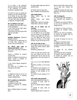   	
  	
  58	
  
Tu le dirías a los enfermos
sánense, sánense, sánense (Bis)
Y los enfermos se sanarán,
caminarán, saludarán (Bis).
Si tuviera fe como un granito de
mostaza, eso dice el Señor (Bis).
Tu le dirías al que está triste
alégrate, alégrate, alégrate (Bis)
Y el que está triste se alegrará,
se alegrará, se alegrará (Bis).
96. Yo edifique una casa
Yo edifiqué una casa (Bis) sobre
la roca la edifiqué.
Y era Cristo la roca (Bis) sobre
esa roca yo edifique.
Y esa casa no se cae porque está
sobre la roca (Bis).
(Bis)
Paséate Nazareno, Nazareno
paséate (Cuatro).
Y el Cristo que se alaba aquí, es
un Cristo Vivo, aunque no lo
vemos, pero lo sentimos (2)
97. Miren aquí esta la
Palabra del Señor. (afro)
Coro: Miren aquí esta la Palabra
del Señor,
Vamos a recibirla en nuestro
corazón (bis)
Todos con alegría escuchamos al
Señor, vamos a recibirla en
nuestro corazón (bis)
Y con mucha alegría pongamos
atención,
Por medio de su Palabra nos
entrega su amor (bis)
Coro…
La Palabra de Dios es la luz y la
verdad que viene a iluminar
nuestra realidad (bis).
98. Tu palabra es vida (afro)
Tu Palabra es vida,
tu Palabra es amor (bis)
Vamos a escuchar tu Palabra
Señor (bis)
Que tu Palabra llegue al corazón
(bis)
De este pueblo negó que está en
opresión (bis)
Oh Señor, Rey de reyes (bis)
Que tu Palabra nos Ilumine (bis)
100. Habla Señor.
Habla, Señor, que tu hijo
escucha,
Habla, Señor, que quiero
escuchar.
Habla Señor, danos tu mensaje,
Habla Señor, danos tu verdad.
101. Yo te alabo con el
corazón.
Yo te alabo con el corazón
Yo te alabo con mi vos (bis)
Y si me falta la vos, yo te alabo
con mis manos, y si me faltan las
manos, yo te alabo con los pies,
y si me faltan los pies, yo te
alabo con el alma, y si me falta
el alma, es que me he ido con El.
102. En el cielo se oye.
En el cielo se oye en la tierra se
canta (bis). Vamos todos a albar
al Señor con
Panderos y guitarras (2)
Cristo me dijo que luchara otra
vez, que luchara otra vez, que
luchara otra vez (2). Que no me
desesperara, sino que tuviera fe
(2)
Y yo, y yo, y yo lo sigo alabando
(2)
Nosotros no Señor, a ti es el que
toca,
Yo cantaré lo que pongas en mi
boca (2). Lo que pongas, lo que
pongas, lo que pongas en mi
boca (2)
Yo cantaré lo que pongas en mi
boca.
103. Jesús esta pasando
Jesús esta pasando por aquí (2)
Y cuando El pasa, todo se
transforma
Se va la tristeza llega la alegría
(2)
Y cuando El pasa, todo se
transforma
Llega la alegría para ti y para mi.
Ahora mismo Señor ahora mismo
Yo te pido que rompas las
cadenas
Y que las puertas del cielo sean
abiertas y de virtud mi alma sea
llena. (2).
104. Yo tengo fe.
Yo tengo fe que todo cambiara,
Que triunfará por siempre el
amor.
Yo tengo fe que siempre brillará
La luz de la esperanza no se
apagará jamás.
Yo tengo fe, yo creo en el amor,
Yo tengo fe, también mucha
ilusión,
Porque yo sé, será una realidad,
El mundo de justicia que ya
empieza a despertar.
Yo tengo fe porque yo creo en
Dios,
Yo tengo fe, será todo mejor:
Se callará el odio y el rencor,
La gente nuevamente hablará de
su ilusión.
Yo tengo fe, los hombre
cantarán
Una oración de amor universal,
Yo tengo fe, será una realidad
El mundo de justicia que ya
empieza a despertar.
 