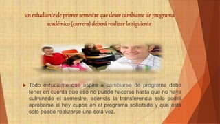 un estudiante de primer semestre que desee cambiarse de programa 
académico (carrera) deberá realizar lo siguiente 
 Todo estudiante que aspire a cambiarse de programa debe 
tener en cuenta que eso no puede hacerse hasta que no haya 
culminado el semestre, además la transferencia solo podrá 
aprobarse si hay cupos en el programa solicitado y que esta 
solo puede realizarse una sola vez. 
 