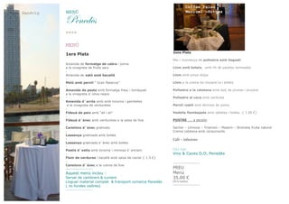 Yate Sandvig

MENÚ

Coffee Palau
Bodegues Vilarnau
Gonzalez Byass
Maricel -Sitges

cxÇxw¢á
****
MENÚ
1ers Plats
Amanida de formatge de cabra i poma
a la vinagreta de fruits secs
Amanida de xató amb bacallà
Meló amb pernil “ Gran Reserva”
Amanida de pasta amb formatge fresc i tomàquet
a la vinagreta d´oliva negre
Amanida d´arròs amb amb tonyina i gambetes
a la vinagreta de verduretes
Fideuà de peix amb “all i oli”
Fideuà d´ànec amb verduretes a la salsa de foie
Canelons d´ànec gratinats
Lassanya gratinada amb bolets
Lassanya gratinada d´ànec amb bolets
Pastís d´estiu amb tonyina i mimosa d´enciam
Flam de verdures i bacallà amb salsa de caviar { 1.5 €}
Canelons d´ànec a la crema de foie
-------------------

Aquest menú inclou :
Servei de cambrers & cuiners
Lloguer material complet & transport comarca Penedès
( no fundes cadires)
-------------------

2ons Plats
Mar i montanya de pollastre amb llagostí
Llom amb bolets, amb llit de patates laminades
Llom amb pinya dolça
Llom a la crema de mozarel.la i bolets
Pollastre a la catalana amb dolç de prunes i pinyons
Pollastre al cava amb verdures
Pernil rostit amb làmines de poma
Vedella flambejada amb cebetes i bolets…{ 1.00 €}
POSTRE .... a escollir
Sacher – Llimona – Tiramisú – Massini – Brotxeta fruita natural
Crema catalana amb carquinyolis

Cafè – infusions

Celler
Vins & Caves D.O. Penedès
-------------------

PREU
Menú
35.00 €
(IVA Inclòs)

-------------------

 