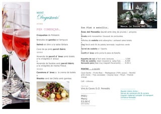 Esfèric - Barcelona

MENÚ

Wxzâáàtv|™
****
PER COMENÇAR…

2on Plat a escollir…

Masia la Torre del Gall

Ànec del Penedès daurat amb dolç de prunes i pinyons
Croquetes de Pollastre
Brotxeta de gamba en tempura
Salmó en blini a la salsa tàrtara
Coca de pa amb pernil ibèric

****
Amanida de pernil d´ànec amb bolets
a la vinagreta d´anous
o
Amanida de favetes amb pernil ibèric
a la vinagreta de menta fresca

****

Canelons d´ànec a la crema de bolets
o
Risotto verd del Delta amb gambes

o
Orada amb mousselina i bouquet de verduretes
o
Milfulles de vedella amb albergínia i carbassó salsa bolets
o
Lluç farcit amb llit de patata laminada i espàrrecs verds
o
Jarret de vedella a l´Oporto
o
Confit d´ànec amb poma & salsa de Ratafia
Espatlla de xai al forn amb verdures . . . . . . . . . 3.00€
Filet de vedella, taten mozarel.la salsa foie. . . . 8.00€
Sarsuela peix{Rap-Lluç-Llagostí-Escamarlà}.. . . 8.00 €
POSTRE .... a escollir
Cava Gerds – Fruits Bosc – Madagascar (70% cacau) – Bombó
amb cirera – Tres xocolates – Xixona Cava – Pinyó – Praliné
mango
Cafè – infusions

Celler
Vins & Caves D.O. Penedès
-------------------

PREU
Menú
53.00 €
(IVA Inclòs)

-------------------

------------------Aquest menú inclou :
Servei de cambrers 6h & cuiners
Lloguer material complet & transport
comarca Penedès
-------------------

 