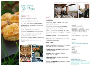 René Barbier – Rodatge amb Gwyneth Paltrow

MENÚ & APERITIU

_xá i|Ççxá
****
APERITIU
Brotxeta de gamba en tempura
-

Croquetes de Pollastre – Bacallà
-

Pa d´oli d ´oliva negre amb pernil ibèric
-

Espardenya d´ escalivada a la brasa amb
formatge de cabra
-

Ravioli de tòfona amb ou de guatlla
Centres de formatges de diferents regions
Xupito de crema de meló amb pernil
a l´aroma de Pedro Ximenez
Assortiment de pasta salada de la Bretanya
Bombó de foie crocant amb crema de
mango

Masia Bach

MENÚ
1ers Plats
Amanida de pernil d´ànec amb bolets
a la vinagreta d´anous
o
Amanida de favetes amb pernil ibèric
a la vinagreta de menta fresca
o
Cistell d´amanida de formatge de cabra
amb poma i figues a la vinagreta fruits secs
o
Canelons d´ànec a la crema de bolets

POSTRE .... a escollir
Cava Gerds – Fruits Bosc –
Madagascar (70% cacau) – Bombó
amb cirera – Tres xocolates –
Xixona Cava – Pinyó – Praliné
mango

Cafè – infusions – Copa Licor

o
Creps de marisc amb brotxeta de vieiras

Minutes

i escames de formatge

2ons Plats
Melòs d´ibèric farcit de poma al Calvados
amb taten de patata i mozarel.la
o
Pintada farcida de foie,trinxat de bacó
a la crema bolets
o
Melosets farcits de poma i bolets
risotto verd del Delta
o
Espatlla de xai al forn amb verduretes
i dolç de prunes
o
Milfulles de vedella farcit de poma i bolets
salsa blanca foie

Celler
Vins & Caves D.O. Penedès
-------------------

PREU
Menú
68.00 €
(IVA Inclòs)

-------------------

------------------Aquest menú inclou :
Servei de cambrers & cuiners
Lloguer material complet & transport
comarca Penedès + fundes cadidres
-------------------

 