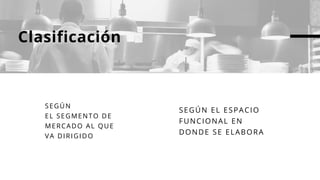 Clasificación
SEGÚN
EL SEGMENTO DE
MERCADO AL QUE
VA DIRIGIDO
SEGÚN EL ESPACIO
FUNCIONAL EN
DONDE SE ELABORA
 