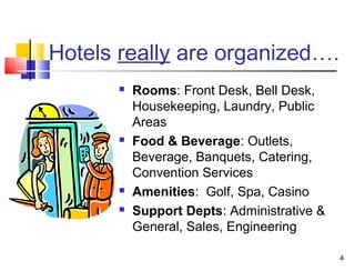4
Hotels really are organized….
 Rooms: Front Desk, Bell Desk,
Housekeeping, Laundry, Public
Areas
 Food & Beverage: Outlets,
Beverage, Banquets, Catering,
Convention Services
 Amenities: Golf, Spa, Casino
 Support Depts: Administrative &
General, Sales, Engineering
 