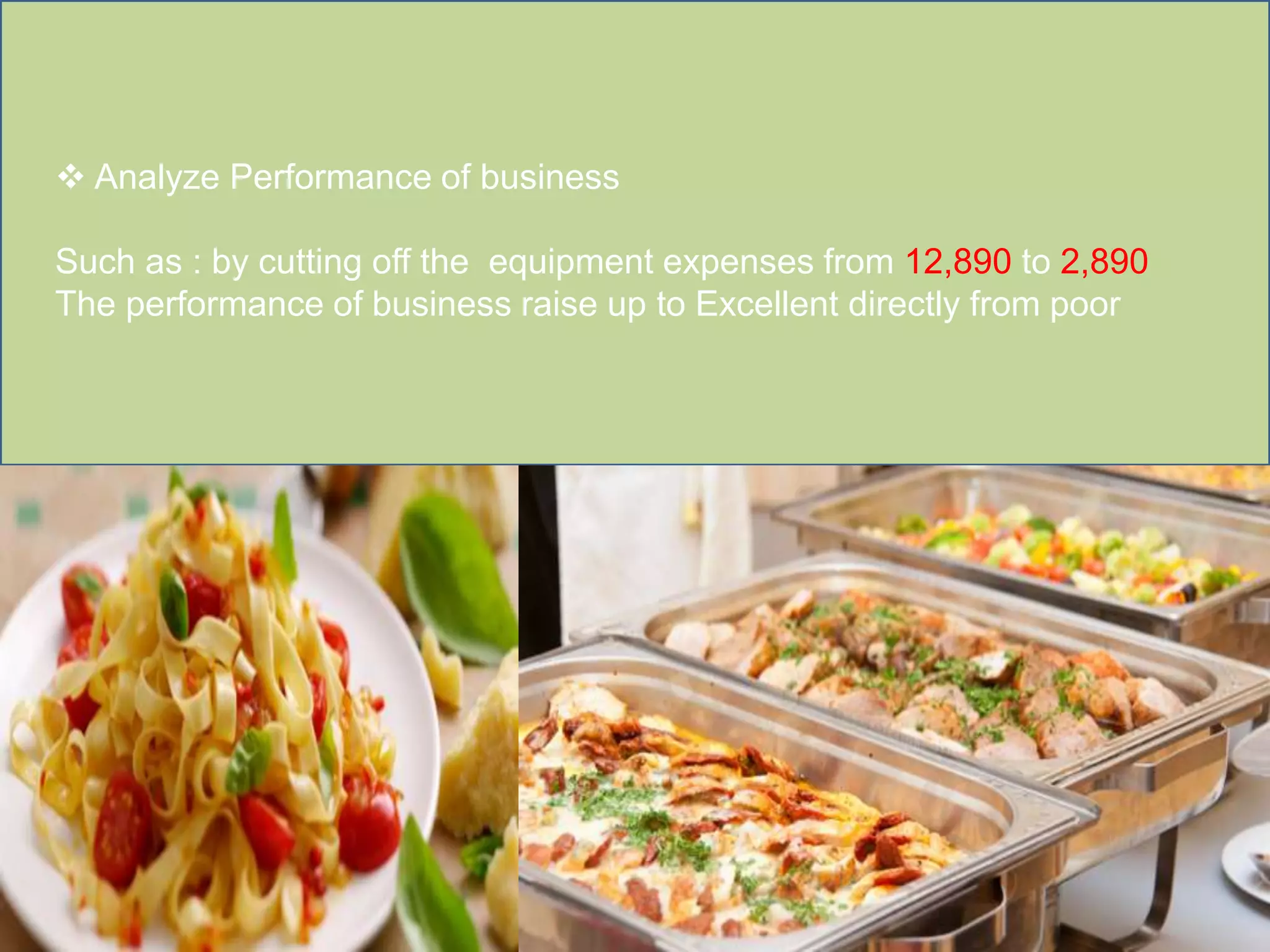  Analyze Performance of business
Such as : by cutting off the equipment expenses from 12,890 to 2,890
The performance of business raise up to Excellent directly from poor
 