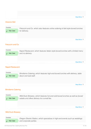 Ariana's Deli
Fetuccini and Co
Examples
 Kidz Cater
Fetuccini and Co. which also features online ordering of deli style boxed lunches
for delivery.
Napoli Restaurant
Examples
 Kidz Cater
Napoli Restaurant, which features Italian style boxed lunches with a limited menu
and no delivery.
Brindiamo Catering
Examples
 Kidz Cater
Brindiamo Catering, which features high-end boxed lunches with delivery, table
decor and wait staff.
Wild Duck Brewery
Examples
 Kidz Cater
Wild Duck Brewery, which features hot and cold boxed lunches as well as boxed
salads and offers delivery for a small fee.
Examples
 Kidz Cater
Oregon Electric Station, which specializes in high-end events such as weddings
and corporate parties.
Read More 
Read More 
Read More 
Read More 
Read More 
2019 Business Plan | Catering Business Plan 15 / 25
 
