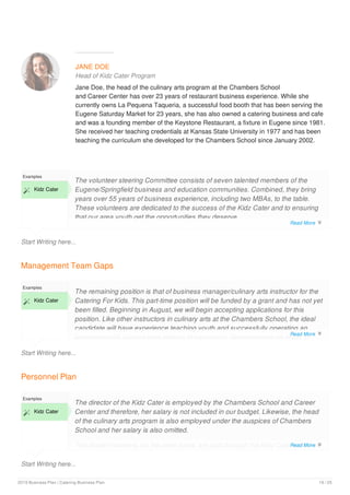 JANE DOE
Head of Kidz Cater Program
Jane Doe, the head of the culinary arts program at the Chambers School
and Career Center has over 23 years of restaurant business experience. While she
currently owns La Pequena Taqueria, a successful food booth that has been serving the
Eugene Saturday Market for 23 years, she has also owned a catering business and cafe
and was a founding member of the Keystone Restaurant, a fixture in Eugene since 1981.
She received her teaching credentials at Kansas State University in 1977 and has been
teaching the curriculum she developed for the Chambers School since January 2002.
Start Writing here...
Examples
 Kidz Cater
The volunteer steering Committee consists of seven talented members of the
Eugene/Springfield business and education communities. Combined, they bring
years over 55 years of business experience, including two MBAs, to the table.
These volunteers are dedicated to the success of the Kidz Cater and to ensuring
that our area youth get the opportunities they deserve.
Management Team Gaps
Start Writing here...
Examples
 Kidz Cater
The remaining position is that of business manager/culinary arts instructor for the
Catering For Kids. This part-time position will be funded by a grant and has not yet
been filled. Beginning in August, we will begin accepting applications for this
position. Like other instructors in culinary arts at the Chambers School, the ideal
candidate will have experience teaching youth and successfully operating an
entrepreneurial venture from start-up to expansion, demonstrating an ability to
Personnel Plan
Start Writing here...
Examples
 Kidz Cater
The director of the Kidz Cater is employed by the Chambers School and Career
Center and therefore, her salary is not included in our budget. Likewise, the head
of the culinary arts program is also employed under the auspices of Chambers
School and her salary is also omitted.
The student workers, on the other hand, are paid through the Kidz Cater and their
wages are included in this budget. However, as these workers are students who
Read More 
Read More 
Read More 
2019 Business Plan | Catering Business Plan 19 / 25
 