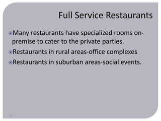 Full Service Restaurants 
Many restaurants have specialized rooms on-premise 
29 
to cater to the private parties. 
Restaurants in rural areas-office complexes 
Restaurants in suburban areas-social events. 
 