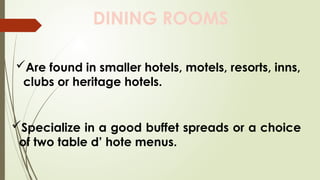 DINING ROOMS
Are found in smaller hotels, motels, resorts, inns,
clubs or heritage hotels.
Specialize in a good buffet spreads or a choice
of two table d’ hote menus.
 