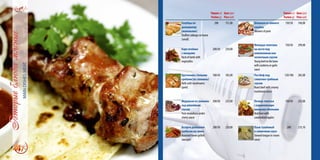 Порция(г)
Portion(g)
Цена(грн)
Price(uah)
Голубцы по
домашнему
(маленькие)
Stuffed cabbage on home
(small)
200 151,00
Каре ягнёнка
с овощами
Rack of lamb with
vegetables
200/50 250,00
Крученики с белыми
грибами (из свинины)
Rolls with mushrooms
(pork)
180/50 185,00
Медальон из свинины
под вишнёвым
соусом
Pork medallions under
cherry sauce
200/50 225,00
Ассорти домашних
колбасок на гриле
Assorted home grilled
sausages
200/50 220,00
Порция(г)
Portion(g)
Цена(грн)
Price(uah)
Шашлык из свиного
ошейка
Skewers of pork
150/50 140,00
Молодая телятина
на кости под
клюквенным или
чесночным соусом
Youngbeefonthebone
withcranberryorgarlic
sauce
150/50 299,00
Ростбиф под
сливочно-грибным
соусом
Roast beef with creamy
mushroom sauce
150/100 285,00
Печень телячья
с карамелизиро-
ванными яблоками
Veal liver with
caramelized apples
150/50 225,00
Язык тушённый
в сливочном соусе
Stewed tongue in cream
sauce
200 215,10
 