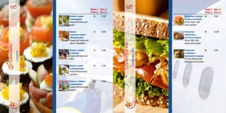 Порция(г)
Portion(g)
Цена(грн)
Price(uah)
Канапе с сыром
и виноградом
Canape with cheese and
grapes
30 55,00
Канапе
с лососем и сыром
«Филадельфия»
Canapes with salmon and
cheese "Philadelphia"
30 40,00
Канапе с салями
и оливкой
Canape with salami and
olives
30 30,00
Канапе с салом
и корнишонами
Canape with bacon and
cornichons
30 22,50
Канапе с сельдью
и картофелем
Canape with herring and
potatoes
30 30,00
Порция(г)
Portion(g)
Цена(грн)
Price(uah)
На булочке «Кайзер»
с сыром и ветчиной
On bun "Kaiser" with
cheese and ham
80 74,00
На булочке
«Молочной» с
лососем и огурцом
On bun "Milk" with
salmon and cucumber
80 125,00
На булочке
с отрубями с
бужениной и огурцом
On a bun with bran with
boiled pork and cucumber
80 45,00
 