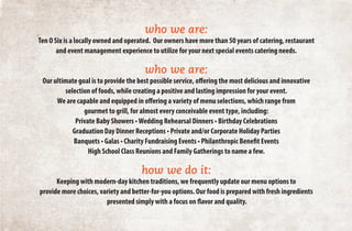 who we are:
Ten O Six is a locally owned and operated. Our owners have more than 50 years of catering, restaurant
and even...