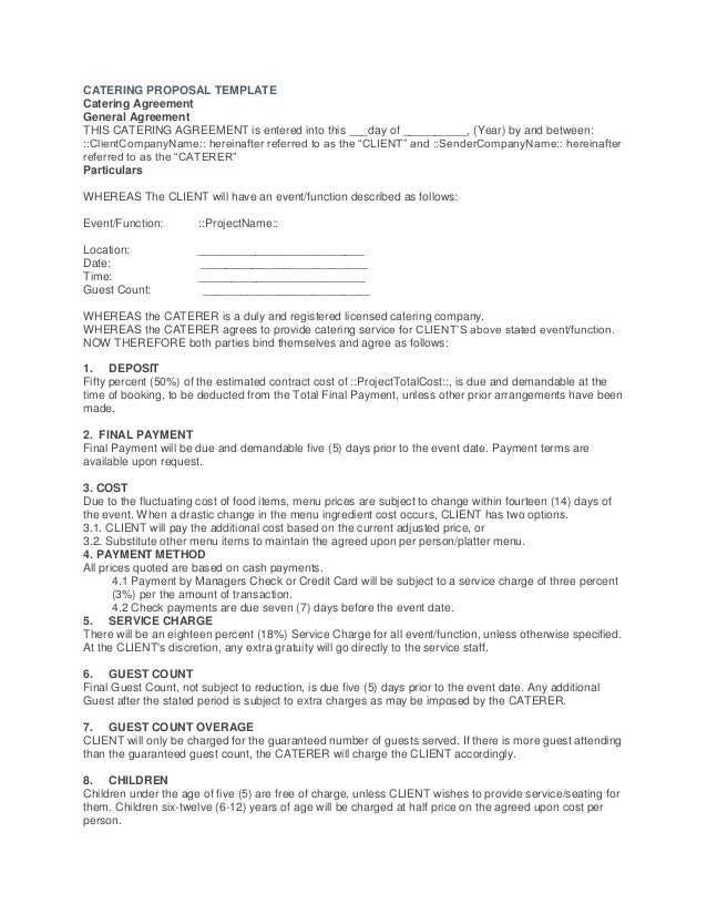 catering proposal template catering agreement catering agreement template