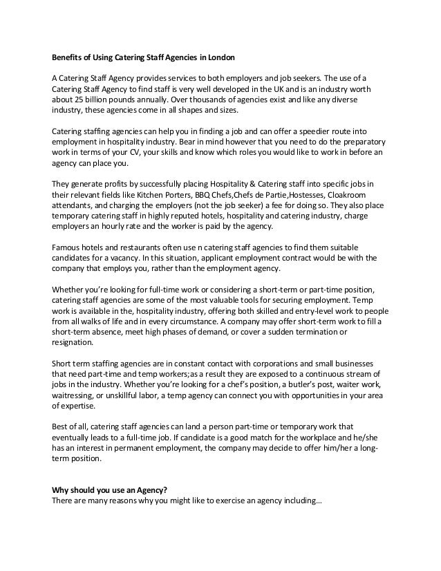 Benefits Of Using Catering Staff Agencies In London