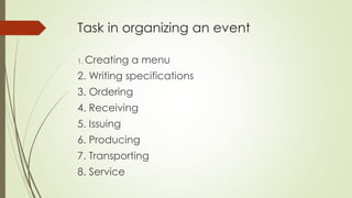 Task in organizing an event
1. Creating a menu
2. Writing specifications
3. Ordering
4. Receiving
5. Issuing
6. Producing
7. Transporting
8. Service
 