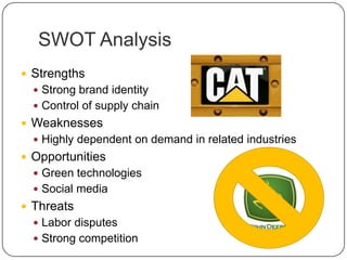 SWOT Analysis
 Strengths
 Strong brand identity
 Control of supply chain
 Weaknesses
 Highly dependent on demand in related industries
 Opportunities
 Green technologies
 Social media
 Threats
 Labor disputes
 Strong competition
 
