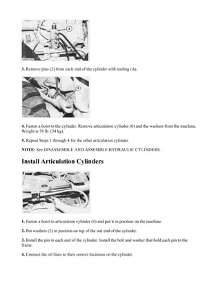 3. Remove pins (2) from each end of the cylinder with tooling (A).
4. Fasten a hoist to the cylinder. Remove articulation cylinder (6) and the washers from the machine.
Weight is 76 lb. (34 kg).
5. Repeat Steps 1 through 4 for the other articulation cylinder.
NOTE: See DISASSEMBLE AND ASSEMBLE HYDRAULIC CYLINDERS.
Install Articulation Cylinders
1. Fasten a hoist to articulation cylinder (1) and put it in position on the machine.
2. Put washers (2) in position on top of the rod end of the cylinder.
3. Install the pin in each end of the cylinder. Install the bolt and washer that hold each pin to the
frame.
4. Connect the oil lines to their correct locations on the cylinder.
 