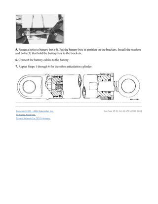 5. Fasten a hoist to battery box (4). Put the battery box in position on the brackets. Install the washers
and bolts (3) that hold the battery box to the brackets.
6. Connect the battery cables to the battery.
7. Repeat Steps 1 through 6 for the other articulation cylinder.
Copyright 1993 - 2024 Caterpillar Inc.
All Rights Reserved.
Private Network For SIS Licensees.
Sun Sep 15 01:04:40 UTC+0530 2024
 