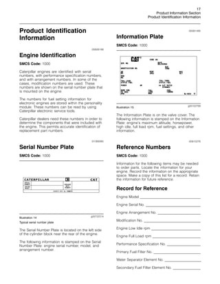 17
Product Information Section
Product Identification Information
Product Identification
Information
i00826199
Engine Identification
SMCS Code: 1000
Caterpillar engines are identified with serial
numbers, with performance specification numbers,
and with arrangement numbers. In some of the
cases, modification numbers are used. These
numbers are shown on the serial number plate that
is mounted on the engine.
The numbers for fuel setting information for
electronic engines are stored within the personality
module. These numbers can be read by using
Caterpillar electronic service tools.
Caterpillar dealers need these numbers in order to
determine the components that were included with
the engine. This permits accurate identification of
replacement part numbers.
i01369380
Serial Number Plate
SMCS Code: 1000
g00722314
Illustration 14
Typical serial number plate
The Serial Number Plate is located on the left side
of the cylinder block near the rear of the engine.
The following information is stamped on the Serial
Number Plate: engine serial number, model, and
arrangement number.
i00061495
Information Plate
SMCS Code: 1000
g00102789
Illustration 15
The Information Plate is on the valve cover. The
following information is stamped on the Information
Plate: engine’s maximum altitude, horsepower,
high idle, full load rpm, fuel settings, and other
information.
i00610276
Reference Numbers
SMCS Code: 1000
Information for the following items may be needed
to order parts. Locate the information for your
engine. Record the information on the appropriate
space. Make a copy of this list for a record. Retain
the information for future reference.
Record for Reference
Engine Model _________
_____________________________________
Engine Serial No. _________
_________________________________
Engine Arrangement No. _________
_______________________
Modification No. _________
__________________________________
Engine Low Idle rpm _________
____________________________
Engine Full Load rpm _________
___________________________
Performance Specification No. _________
________________
Primary Fuel Filter No. _________
__________________________
Water Separator Element No. _________
_________________
Secondary Fuel Filter Element No. _________
___________
 