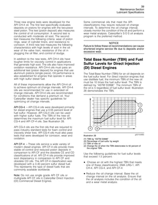 39
Maintenance Section
Lubricant Specifications
Three new engine tests were developed for the
API CH-4 oil. The first test specifically evaluates
deposits on pistons for engines with the two-piece
steel piston. This test (piston deposit) also measures
the control of oil consumption. A second test is
conducted with moderate oil soot. The second
test measures the following criteria: wear of piston
rings, wear of cylinder liners, and resistance to
corrosion. A third new test measures the following
characteristics with high levels of soot in the oil:
wear of the valve train, resistance of the oil in
plugging the oil filter, and control of sludge.
In addition to the new tests, API CH-4 oils have
tougher limits for viscosity control in applications
that generate high soot. The oils also have improved
oxidation resistance. API CH-4 oils must pass an
additional test (piston deposit) for engines that use
aluminum pistons (single piece). Oil performance is
also established for engines that operate in areas
with high sulfur diesel fuel.
All of these improvements allow the API CH-4 oil
to achieve optimum oil change intervals. API CH-4
oils are recommended for use in extended oil
change intervals. API CH-4 oils are recommended
for conditions that demand a premium oil. Your
Caterpillar dealer has specific guidelines for
optimizing oil change intervals.
API CG-4 – API CG-4 oils were developed primarily
for diesel engines that use a 0.05 percent level of
fuel sulfur. However, API CG-4 oils can be used
with higher sulfur fuels. The TBN of the new oil
determines the maximum fuel sulfur level for API
CG-4 and API CF-4 oils. See Illustration 28.
API CG-4 oils are the first oils that are required to
pass industry standard tests for foam control and
viscosity shear loss. API CG-4 oils must also pass
tests that were developed for corrosion, wear and
oxidation.
API CF-4 – These oils service a wide variety of
modern diesel engines. API CF-4 oils provide more
stable oil control and reduced piston deposits in
comparison to API CF and the obsolete CE and CD
classifications of oil. API CF-4 oils provide improved
soot dispersancy in comparison to API CF and
obsolete CD oils. The API CF-4 classification was
developed with a 0.40 percent sulfur diesel fuel.
This represents the type of diesel fuels that are
commonly available worldwide.
Note: Do not use single grade API CF oils or
multigrade API CF oils in Caterpillar Direct Injection
(DI) Commercial Diesel Engines.
Some commercial oils that meet the API
classifications may require reduced oil change
intervals. To determine the oil change interval,
closely monitor the condition of the oil and perform a
wear metal analysis. Caterpillar’s S·O·S oil analysis
program is the preferred method.
NOTICE
Failure to follow these oil recommendations can cause
shortened engine service life due to deposits and/or
excessive wear.
Total Base Number (TBN) and Fuel
Sulfur Levels for Direct Injection
(DI) Diesel Engines
The Total Base Number (TBN) for an oil depends on
the fuel sulfur level. For direct injection engines that
use distillate fuel, the minimum TBN of the new oil
must be 10 times the fuel sulfur level. The TBN is
defined by “ASTM D2896”. The minimum TBN of
the oil is 5 regardless of fuel sulfur level. Illustration
28 demonstrates the TBN.
g00104890
Illustration 28
(Y) TBN by “ASTM D2896”
(X) Percentage of fuel sulfur by weight
(1) TBN of new oil
(2) Change the oil when the TBN deteriorates to 50 percent of
the original TBN.
Use the following guidelines for fuel sulfur levels
that exceed 1.5 percent:
• Choose an oil with the highest TBN that meets
one of these classifications: EMA LRG-1, API
CH-4, API CG-4, and API CF-4.
• Reduce the oil change interval. Base the oil
change interval on the oil analysis. Ensure that
the oil analysis includes the condition of the oil
and a wear metal analysis.
 