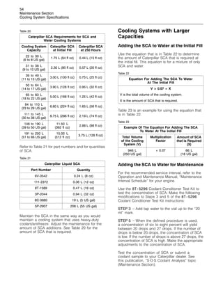 54
Maintenance Section
Cooling System Specifications
Table 20
Caterpillar SCA Requirements for SCA and
Water Cooling Systems
Cooling System
Capacity
Caterpillar SCA
at Initial Fill
Caterpillar SCA
at 250 Hours
22 to 30 L
(6 to 8 US gal)
1.75 L (64 fl oz) 0.44 L (15 fl oz)
31 to 38 L
(9 to 10 US gal)
2.30 L (80 fl oz) 0.57 L (20 fl oz)
39 to 49 L
(11 to 13 US gal)
3.00 L (100 fl oz) 0.75 L (25 fl oz)
50 to 64 L
(14 to 17 US gal)
3.90 L (128 fl oz) 0.95 L (32 fl oz)
65 to 83 L
(18 to 22 US gal)
5.00 L (168 fl oz) 1.25 L (42 fl oz)
84 to 110 L
(23 to 29 US gal)
6.60 L (224 fl oz) 1.65 L (56 fl oz)
111 to 145 L
(30 to 38 US gal)
8.75 L (296 fl oz) 2.19 L (74 fl oz)
146 to 190 L
(39 to 50 US gal)
11.50 L
(392 fl oz)
2.88 L (98 fl oz)
191 to 250 L
(51 to 66 US gal)
15.00 L
(512 fl oz)
3.75 L (128 fl oz)
Refer to Table 21 for part numbers and for quantities
of SCA.
Table 21
Caterpillar Liquid SCA
Part Number Quantity
6V-3542 0.24 L (8 oz)
111-2372 0.36 L (12 oz)
8T-1589 0.47 L (16 oz)
3P-2044 0.94 L (32 oz)
8C-3680 19 L (5 US gal)
5P-2907 208 L (55 US gal)
Maintain the SCA in the same way as you would
maintain a cooling system that uses heavy-duty
coolant/antifreeze. Adjust the maintenance for the
amount of SCA additions. See Table 20 for the
amount of SCA that is required.
Cooling Systems with Larger
Capacities
Adding the SCA to Water at the Initial Fill
Use the equation that is in Table 22 to determine
the amount of Caterpillar SCA that is required at
the initial fill. This equation is for a mixture of only
SCA and water.
Table 22
Equation For Adding The SCA To Water
At The Initial Fill
V × 0.07 = X
V is the total volume of the cooling system.
X is the amount of SCA that is required.
Table 23 is an example for using the equation that
is in Table 22.
Table 23
Example Of The Equation For Adding The SCA
To Water At The Initial Fill
Total Volume
of the Cooling
System (V)
Multiplication
Factor
Amount of SCA
that is Required
(X)
946 L
(250 US gal)
× 0.07 66 L
(18 US gal)
Adding the SCA to Water for Maintenance
For the recommended service interval, refer to the
Operation and Maintenance Manual, “Maintenance
Interval Schedule” for your engine.
Use the 8T-5296 Coolant Conditioner Test Kit to
test the concentration of SCA. Make the following
modifications to Steps 3 and 5 of the 8T-5296
Coolant Conditioner Test Kit instructions:
STEP 3 – Add tap water to the vial up to the “20
ml” mark.
STEP 5 – When the defined procedure is used,
a concentration of six to eight percent will yield
between 20 drops and 27 drops. If the number of
drops is below 20 drops, the concentration of SCA
is low. If the number of drops is above 27 drops, the
concentration of SCA is high. Make the appropriate
adjustments to the concentration of SCA.
Test the concentration of SCA or submit a
coolant sample to your Caterpillar dealer. See
this publication, “S·O·S Coolant Analysis” topic
(Maintenance Section).
 