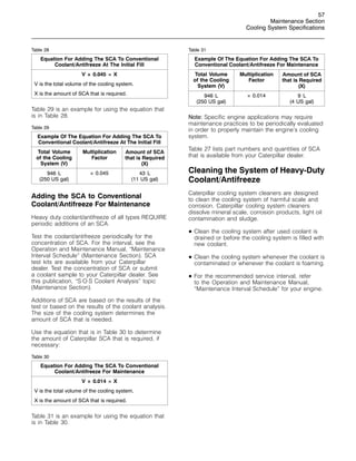 57
Maintenance Section
Cooling System Specifications
Table 28
Equation For Adding The SCA To Conventional
Coolant/Antifreeze At The Initial Fill
V × 0.045 = X
V is the total volume of the cooling system.
X is the amount of SCA that is required.
Table 29 is an example for using the equation that
is in Table 28.
Table 29
Example Of The Equation For Adding The SCA To
Conventional Coolant/Antifreeze At The Initial Fill
Total Volume
of the Cooling
System (V)
Multiplication
Factor
Amount of SCA
that is Required
(X)
946 L
(250 US gal)
× 0.045 43 L
(11 US gal)
Adding the SCA to Conventional
Coolant/Antifreeze For Maintenance
Heavy duty coolant/antifreeze of all types REQUIRE
periodic additions of an SCA.
Test the coolant/antifreeze periodically for the
concentration of SCA. For the interval, see the
Operation and Maintenance Manual, “Maintenance
Interval Schedule” (Maintenance Section). SCA
test kits are available from your Caterpillar
dealer. Test the concentration of SCA or submit
a coolant sample to your Caterpillar dealer. See
this publication, “S·O·S Coolant Analysis” topic
(Maintenance Section).
Additions of SCA are based on the results of the
test or based on the results of the coolant analysis.
The size of the cooling system determines the
amount of SCA that is needed.
Use the equation that is in Table 30 to determine
the amount of Caterpillar SCA that is required, if
necessary:
Table 30
Equation For Adding The SCA To Conventional
Coolant/Antifreeze For Maintenance
V × 0.014 = X
V is the total volume of the cooling system.
X is the amount of SCA that is required.
Table 31 is an example for using the equation that
is in Table 30.
Table 31
Example Of The Equation For Adding The SCA To
Conventional Coolant/Antifreeze For Maintenance
Total Volume
of the Cooling
System (V)
Multiplication
Factor
Amount of SCA
that is Required
(X)
946 L
(250 US gal)
× 0.014 9 L
(4 US gal)
Note: Specific engine applications may require
maintenance practices to be periodically evaluated
in order to properly maintain the engine’s cooling
system.
Table 27 lists part numbers and quantities of SCA
that is available from your Caterpillar dealer.
Cleaning the System of Heavy-Duty
Coolant/Antifreeze
Caterpillar cooling system cleaners are designed
to clean the cooling system of harmful scale and
corrosion. Caterpillar cooling system cleaners
dissolve mineral scale, corrosion products, light oil
contamination and sludge.
• Clean the cooling system after used coolant is
drained or before the cooling system is filled with
new coolant.
• Clean the cooling system whenever the coolant is
contaminated or whenever the coolant is foaming.
• For the recommended service interval, refer
to the Operation and Maintenance Manual,
“Maintenance Interval Schedule” for your engine.
 