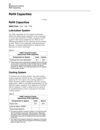 58
Maintenance Section
Refill Capacities
Refill Capacities
i01369854
Refill Capacities
SMCS Code: 1348; 1395; 7560
Lubrication System
The refill capacities for the engine crankcase
reflect the approximate capacity of the crankcase
or sump plus standard oil filters. Auxiliary oil filter
systems will require additional oil. Refer to the
OEM specifications for the capacity of the auxiliary
oil filter. Refer to the Operation and Maintenance
Manual, “Lubricant Specifications” (Maintenance
Section) for more information.
Table 32
3406C Industrial Engine
Approximate Refill Capacities
Compartment or System Liters Quarts
Crankcase Oil Sump (Standard)(1) 34.1 36.0
(1) These values are the approximate capacities for the crankcase
oil sump which include the standard oil filters that are installed
at the factory. Engines with auxiliary oil filters will require
additional oil. Refer to the OEM specifications for the capacity
of the auxiliary oil filter.
Cooling System
To maintain the cooling system, the total cooling
system capacity must be known. The approximate
capacity for the engine only cooling system is
listed. External system capacities will vary among
applications. Refer to the OEM specifications for the
external system capacity. This capacity information
will be needed in order to determine the amount
of coolant/antifreeze that is required for the total
cooling system.
Table 33
3406C Industrial Engine
Approximate Refill Capacities
Compartment or System Liters Quarts
Engine Only 22.7 24.0
External System (OEM)(1)
Total Cooling System(2)
(1) The External System includes a radiator or an expansion tank
with the following components: heat exchanger, aftercooler,
and piping. Refer to Caterpillar specifications or to the OEM
specifications and enter the capacity for the External System
in this row.
(2) The Total Cooling System includes the capacity for the Engine
Only cooling system plus the capacity for the External System.
Enter the total in this row.
 