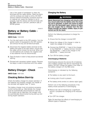 64
Maintenance Section
Battery or Battery Cable - Disconnect
Use a fine grade of sandpaper to clean the
terminals and the cable clamps. Clean the items
until the surfaces are bright or shiny. DO NOT
remove material excessively. Excessive removal
of material can cause the clamps to not fit
properly. Coat the clamps and the terminals with
5N-5561 Silicone Lubricant, petroleum jelly or
MPGM grease.
i00095575
Battery or Battery Cable -
Disconnect
SMCS Code: 1402-029
1. Turn the start switch to the OFF position. Turn the
ignition switch (if equipped) to the OFF position
and remove the key and all electrical loads.
2. Disconnect the negative battery terminal at the
battery that goes to the start switch. Ensure that
the cable cannot contact the terminal. When four
12 volt batteries are involved, the negative side
of two batteries must be disconnected.
3. Tape the leads in order to help prevent accidental
starting.
4. Proceed with necessary system repairs. Reverse
the steps in order to reconnect all of the cables.
i01039758
Battery Charger - Check
SMCS Code: 1401-535
Checking Before Start-Up
Check the battery charger for proper operation. If
the batteries are properly charged, the needle of
the ammeter will register near “0” (zero).
The battery charger must not produce excessive
current during start-up. Alternatively, the charger
must be automatically disconnected for start-up.
If the engine has an alternator, the charger must
be automatically disconnected during start-up and
during engine operation.
Charging the Battery
Never disconnect any charging unit circuit or bat-
tery circuit cable from the battery when the charg-
ing unit is operated. A spark can cause an explo-
sion from the flammable vapor mixture of hydro-
gen and oxygen that is released from the elec-
trolyte through the battery outlets. Injury to per-
sonnel can be the result.
Perform the following procedure to charge the
battery:
1. Ensure that the charger is turned OFF.
2. Adjust the voltage of the charger in order to
match the voltage of the battery.
3. Connect the POSITIVE “+” lead of the charger
to the POSITIVE “+” battery terminal. Connect
the NEGATIVE “-” lead of the charger to the
NEGATIVE “-” battery terminal.
4. Turn ON the battery charger.
Overcharging of Batteries
Overcharging reduces the service life of batteries.
Use a battery charger that will not overcharge the
battery. DO NOT charge the battery if the meter of
the battery charger is in the RED zone.
Overcharging is indicated by the following
symptoms:
• The battery is very warm to the touch.
• A strong odor of acid is present.
• The battery emits smoke or a dense vapor (gas).
Perform one of the following procedures if the
battery shows symptoms of overcharging:
• Reduce the rate of charging by a significant
amount. Complete the charging at the reduced
rate.
• Turn OFF the charger.
Table 34 describes the effects of overcharging on
different types of batteries.
 