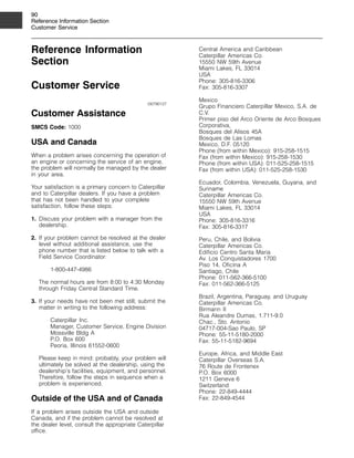 90
Reference Information Section
Customer Service
Reference Information
Section
Customer Service
i00790127
Customer Assistance
SMCS Code: 1000
USA and Canada
When a problem arises concerning the operation of
an engine or concerning the service of an engine,
the problem will normally be managed by the dealer
in your area.
Your satisfaction is a primary concern to Caterpillar
and to Caterpillar dealers. If you have a problem
that has not been handled to your complete
satisfaction, follow these steps:
1. Discuss your problem with a manager from the
dealership.
2. If your problem cannot be resolved at the dealer
level without additional assistance, use the
phone number that is listed below to talk with a
Field Service Coordinator:
1-800-447-4986
The normal hours are from 8:00 to 4:30 Monday
through Friday Central Standard Time.
3. If your needs have not been met still, submit the
matter in writing to the following address:
Caterpillar Inc.
Manager, Customer Service, Engine Division
Mossville Bldg A
P.O. Box 600
Peoria, Illinois 61552-0600
Please keep in mind: probably, your problem will
ultimately be solved at the dealership, using the
dealership’s facilities, equipment, and personnel.
Therefore, follow the steps in sequence when a
problem is experienced.
Outside of the USA and of Canada
If a problem arises outside the USA and outside
Canada, and if the problem cannot be resolved at
the dealer level, consult the appropriate Caterpillar
office.
Central America and Caribbean
Caterpillar Americas Co.
15550 NW 59th Avenue
Miami Lakes, FL 33014
USA
Phone: 305-816-3306
Fax: 305-816-3307
Mexico
Grupo Financiero Caterpillar Mexico, S.A. de
C.V.
Primer piso del Arco Oriente de Arco Bosques
Corporativa,
Bosques del Alisos 45A
Bosques de Las Lomas
Mexico, D.F. 05120
Phone (from within Mexico): 915-258-1515
Fax (from within Mexico): 915-258-1530
Phone (from within USA): 011-525-258-1515
Fax (from within USA): 011-525-258-1530
Ecuador, Colombia, Venezuela, Guyana, and
Suriname
Caterpillar Americas Co.
15550 NW 59th Avenue
Miami Lakes, FL 33014
USA
Phone: 305-816-3316
Fax: 305-816-3317
Peru, Chile, and Bolivia
Caterpillar Americas Co.
Edificio Centro Santa Maria
Av. Los Conquistadores 1700
Piso 14, Oficina A
Santiago, Chile
Phone: 011-562-366-5100
Fax: 011-562-366-5125
Brazil, Argentina, Paraguay, and Uruguay
Caterpillar Americas Co.
Birmann II
Rua Aleandre Dumas, 1.711-9.0
Chac., Sto. Antonio
04717-004-Sao Paulo, SP
Phone: 55-11-5180-2000
Fax: 55-11-5182-9694
Europe, Africa, and Middle East
Caterpillar Overseas S.A.
76 Route de Frontenex
P.O. Box 6000
1211 Geneva 6
Switzerland
Phone: 22-849-4444
Fax: 22-849-4544
 