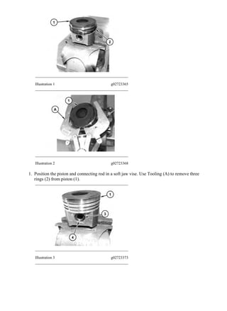 Illustration 1 g02723365
Illustration 2 g02723368
1. Position the piston and connecting rod in a soft jaw vise. Use Tooling (A) to remove three
rings (2) from piston (1).
Illustration 3 g02723373
2/3
308E Mini Hydraulic Excavator GBJ00001-UP (MACHINE) POWERED BY C3.3B ...
2020/1/15
https://127.0.0.1/sisweb/sisweb/techdoc/techdoc_print_page.jsp?returnurl=/sis...
 
