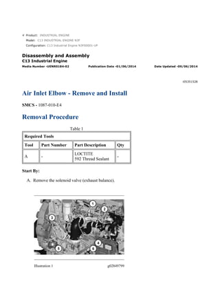 Product: INDUSTRIAL ENGINE
Model: C13 INDUSTRIAL ENGINE N3F
Configuration: C13 Industrial Engine N3F00001-UP
Disassembly and Assembly
C13 Industrial Engine
Media Number -UENR0184-02 Publication Date -01/06/2014 Date Updated -09/06/2014
i05351528
Air Inlet Elbow - Remove and Install
SMCS - 1087-010-E4
Removal Procedure
Table 1
Required Tools
Tool Part Number Part Description Qty
A -
LOCTITE
592 Thread Sealant
-
Start By:
A. Remove the solenoid valve (exhaust balance).
Illustration 1 g02849799
1/4(W)
w
2022/3/19
https://127.0.0.1/sisweb/sisweb/techdoc/techdoc_print_page.jsp?returnurl=/sisweb/sisw...
 