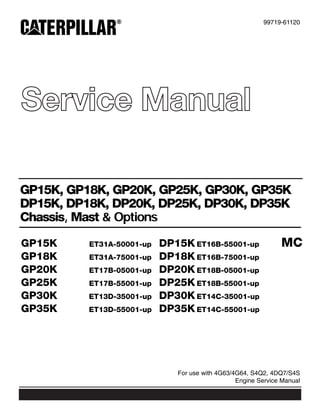 Service Manual
99719-61120
For use with 4G63/4G64, S4Q2, 4DQ7/S4S
Engine Service Manual
GP15K, GP18K, GP20K, GP25K, GP30K, GP35K
DP15K, DP18K, DP20K, DP25K, DP30K, DP35K
Chassis, Mast & Options
MCGP15K ET31A-50001-up DP15K ET16B-55001-up
GP18K ET31A-75001-up DP18K ET16B-75001-up
GP20K ET17B-05001-up DP20K ET18B-05001-up
GP25K ET17B-55001-up DP25K ET18B-55001-up
GP30K ET13D-35001-up DP30K ET14C-35001-up
GP35K ET13D-55001-up DP35K ET14C-55001-up
 