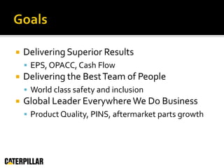 GoalsDelivering Superior ResultsEPS, OPACC, Cash FlowDelivering the Best Team of PeopleWorld class safety and inclusionGlobal Leader Everywhere We Do BusinessProduct Quality, PINS, aftermarket parts growth
