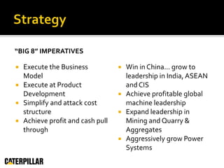 StrategyExecute the Business ModelExecute at Product DevelopmentSimplify and attack cost structureAchieve profit and cash pull throughWin in China… grow to leadership in India, ASEAN and CISAchieve profitable global machine leadershipExpand leadership in Mining and Quarry & AggregatesAggressively grow Power Systems“Big 8” Imperatives