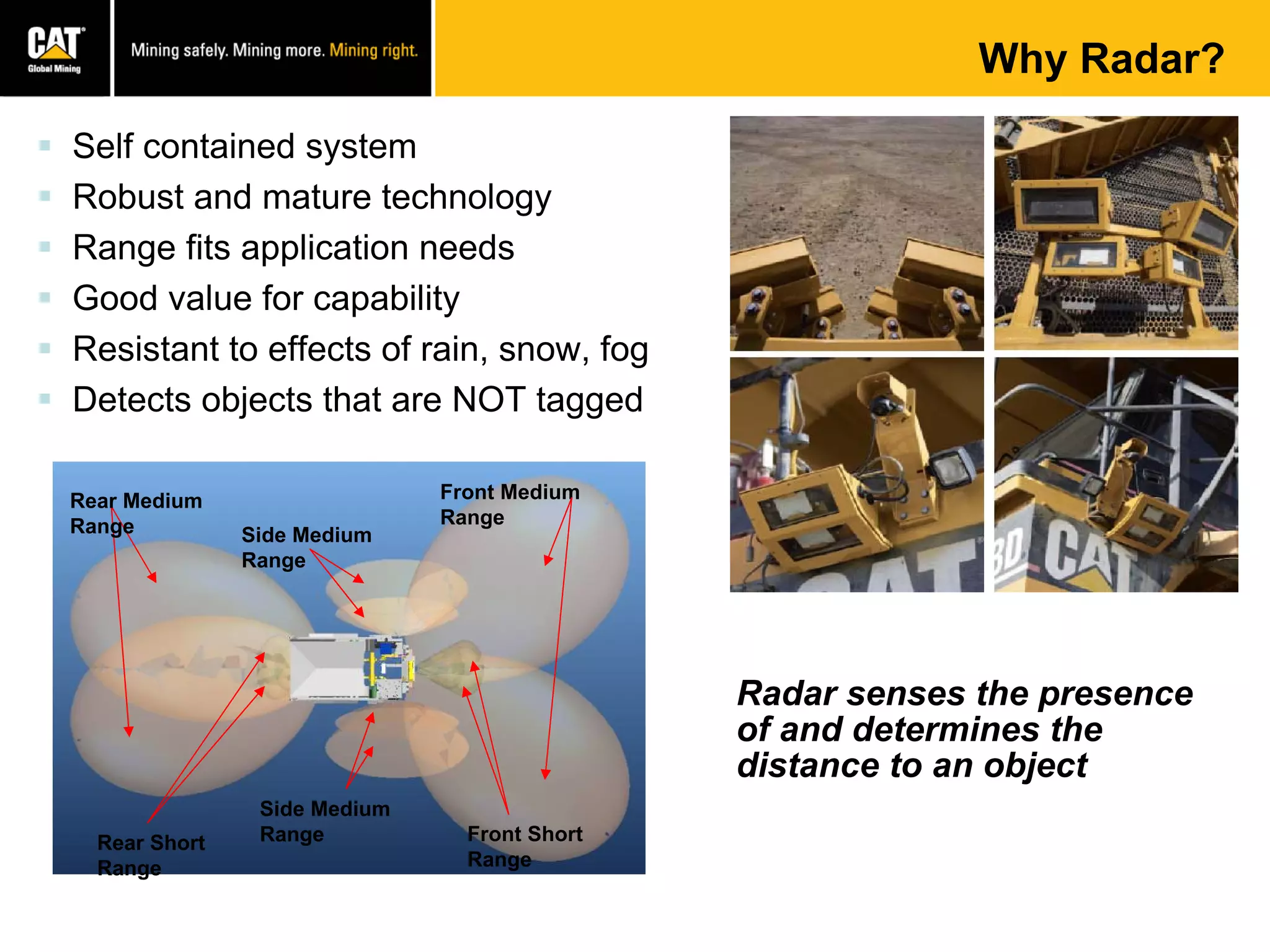 Why Radar?
 Self contained system
 Robust and mature technology
 Range fits application needs
 Good value for capability
 Resistant to effects of rain, snow, fog
 Detects objects that are NOT tagged
Rear Medium
Range
Rear Short
Range
Side Medium
Range
Side Medium
Range
Front Medium
Range
Front Short
Range
Radar senses the presence
of and determines the
distance to an object
 