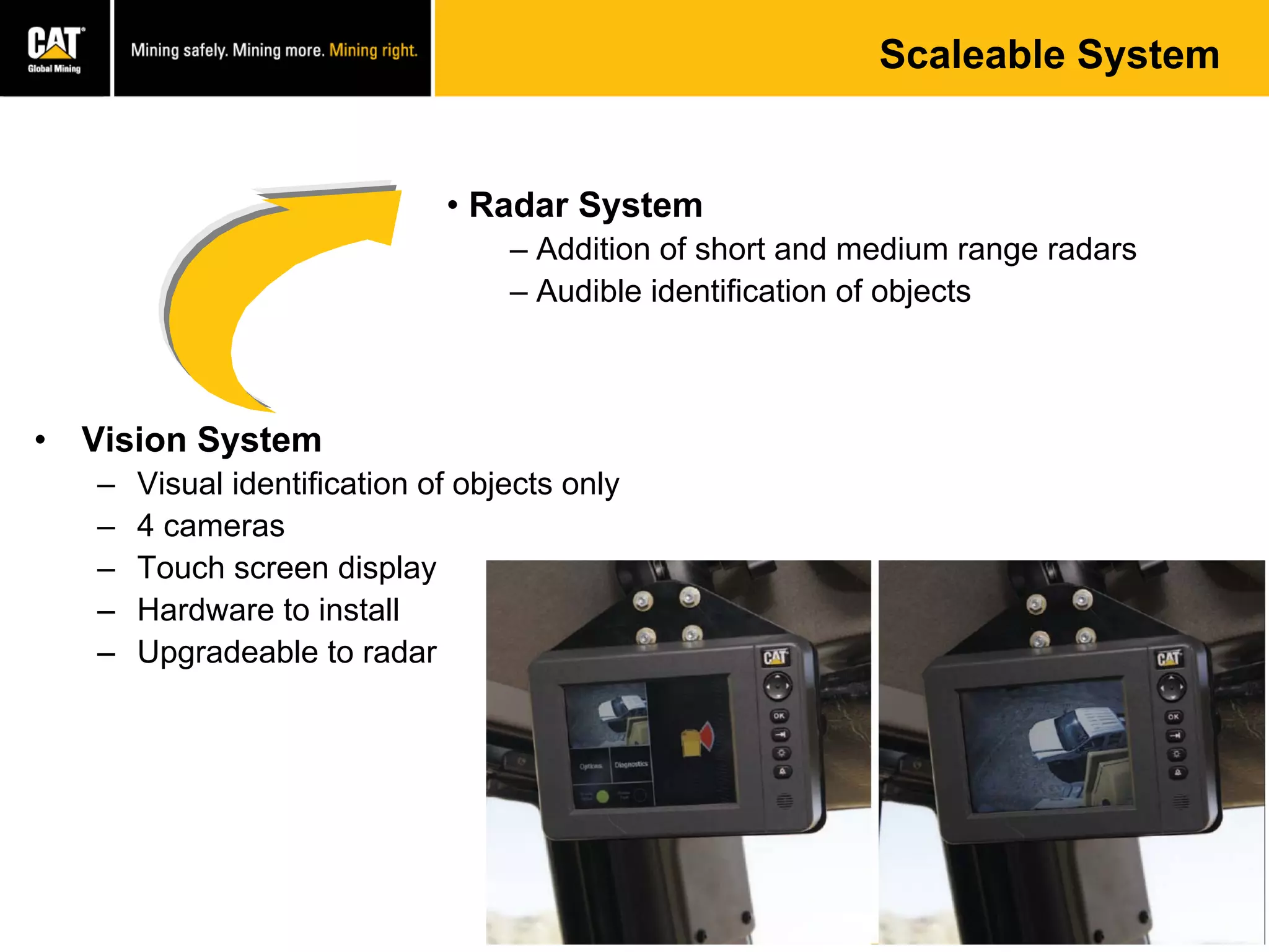 Scaleable System
• Vision System
– Visual identification of objects only
– 4 cameras
– Touch screen display
– Hardware to install
– Upgradeable to radar
• Radar System
– Addition of short and medium range radars
– Audible identification of objects
 