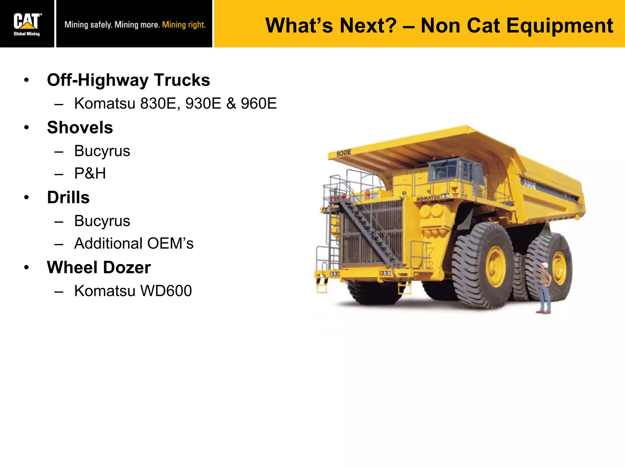 What’s Next? – Non Cat Equipment
• Off-Highway Trucks
– Komatsu 830E, 930E & 960E
• Shovels
– Bucyrus
– P&H
• Drills
– Bucyrus
– Additional OEM’s
• Wheel Dozer
– Komatsu WD600
 