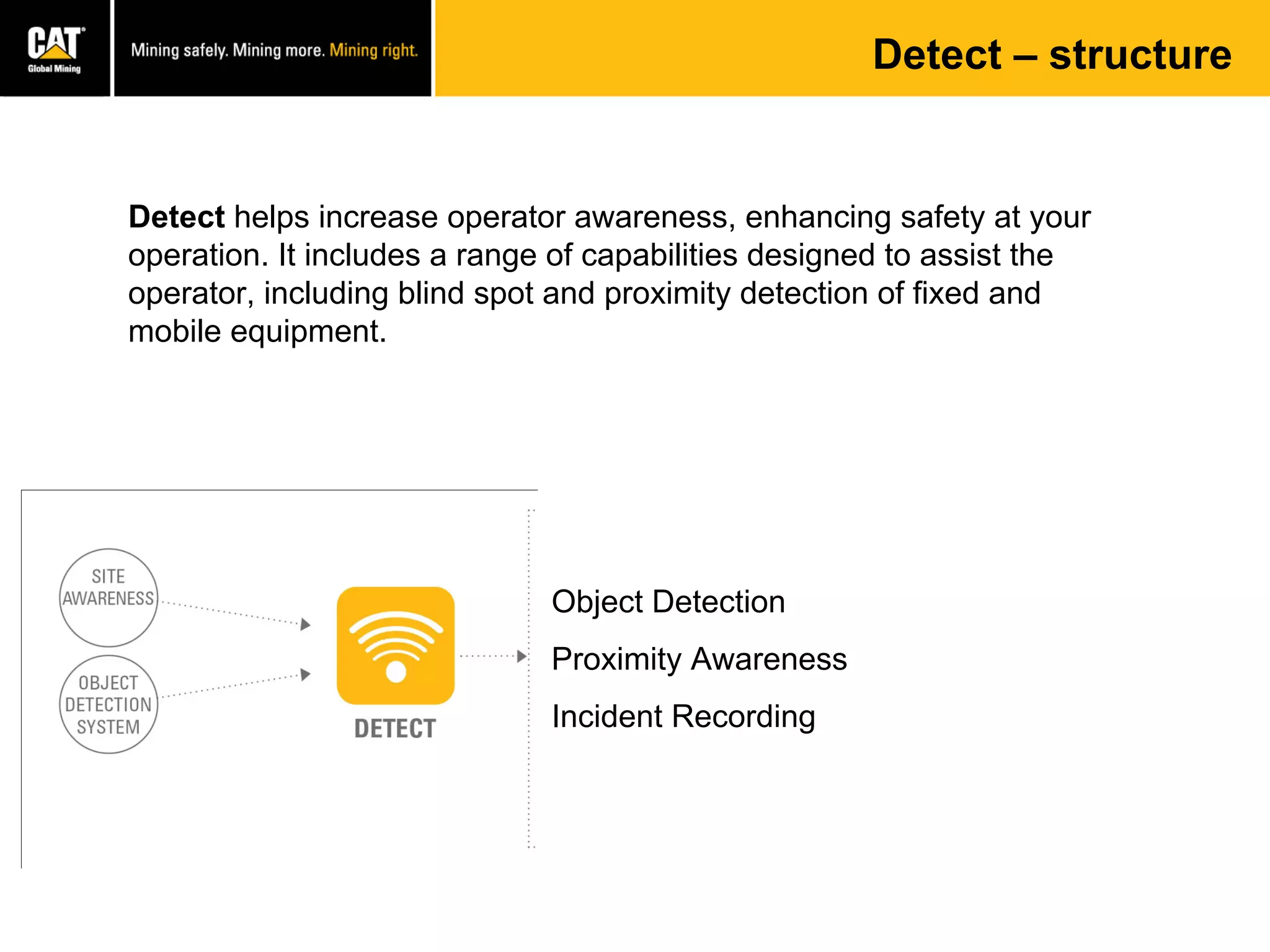 Detect – structure
Detect helps increase operator awareness, enhancing safety at your
operation. It includes a range of capabilities designed to assist the
operator, including blind spot and proximity detection of fixed and
mobile equipment.
Object Detection
Proximity Awareness
Incident Recording
 