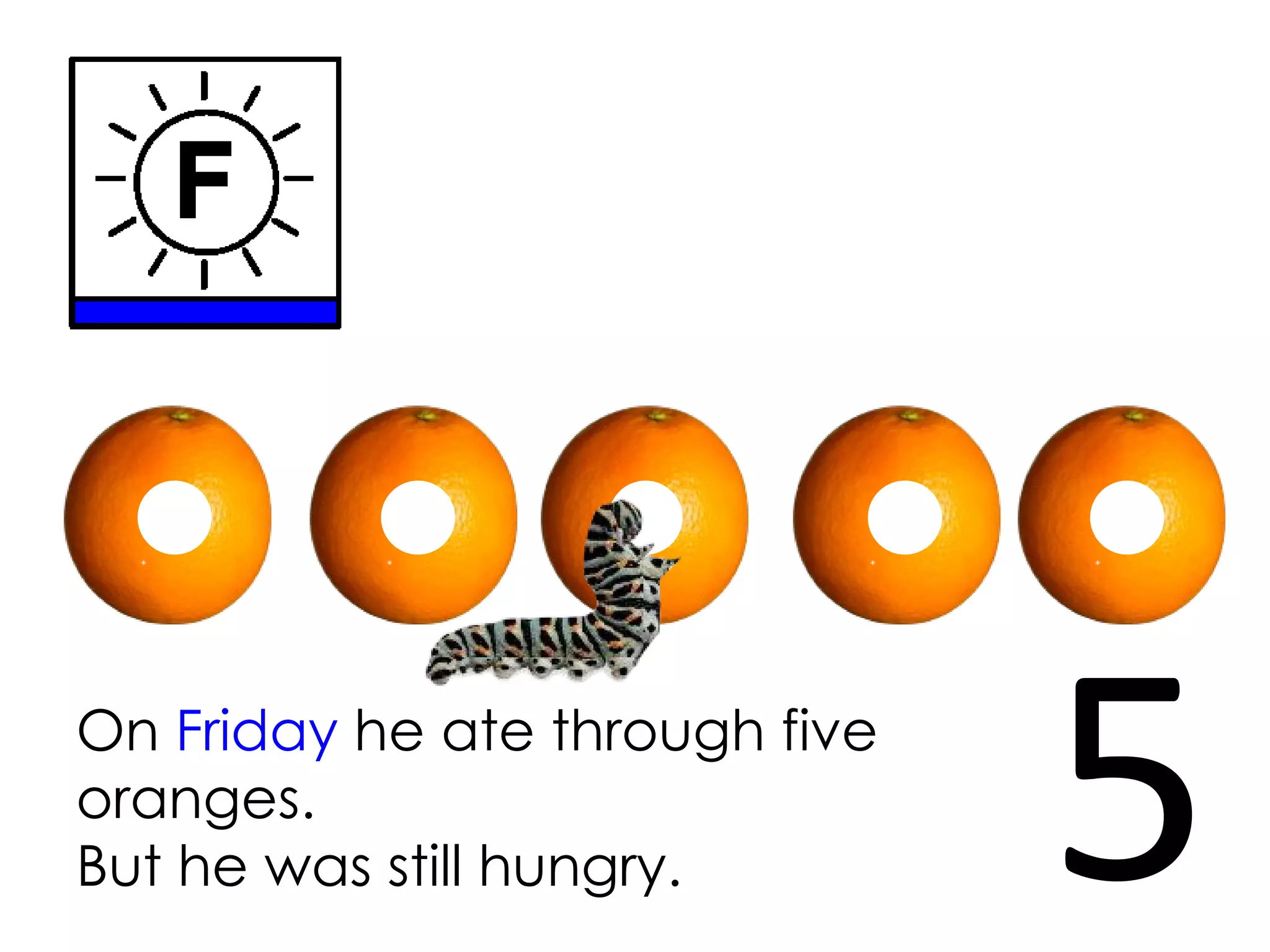 On Friday he ate through five
oranges.
But he was still hungry. 5