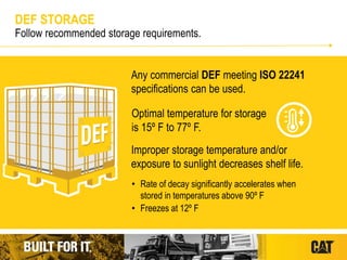 DEF STORAGE
Follow recommended storage requirements.
Any commercial DEF meeting ISO 22241
specifications can be used.
Optimal temperature for storage
is 15º F to 77º F.
• Rate of decay significantly accelerates when
stored in temperatures above 90º F
• Freezes at 12º F
Improper storage temperature and/or
exposure to sunlight decreases shelf life.
 