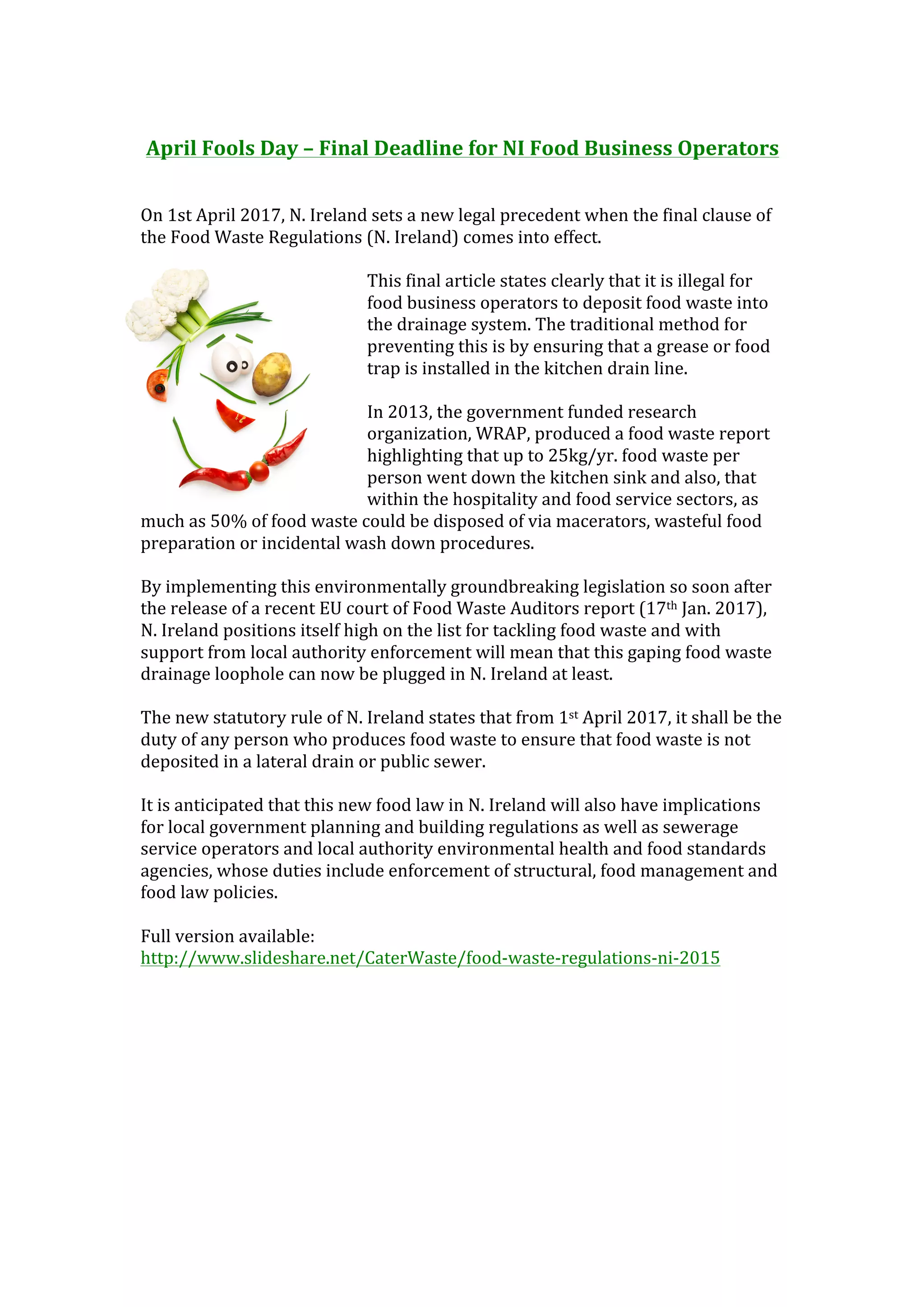 Waste Food Regulations (N. Ireland) 1st April 2017 PDF